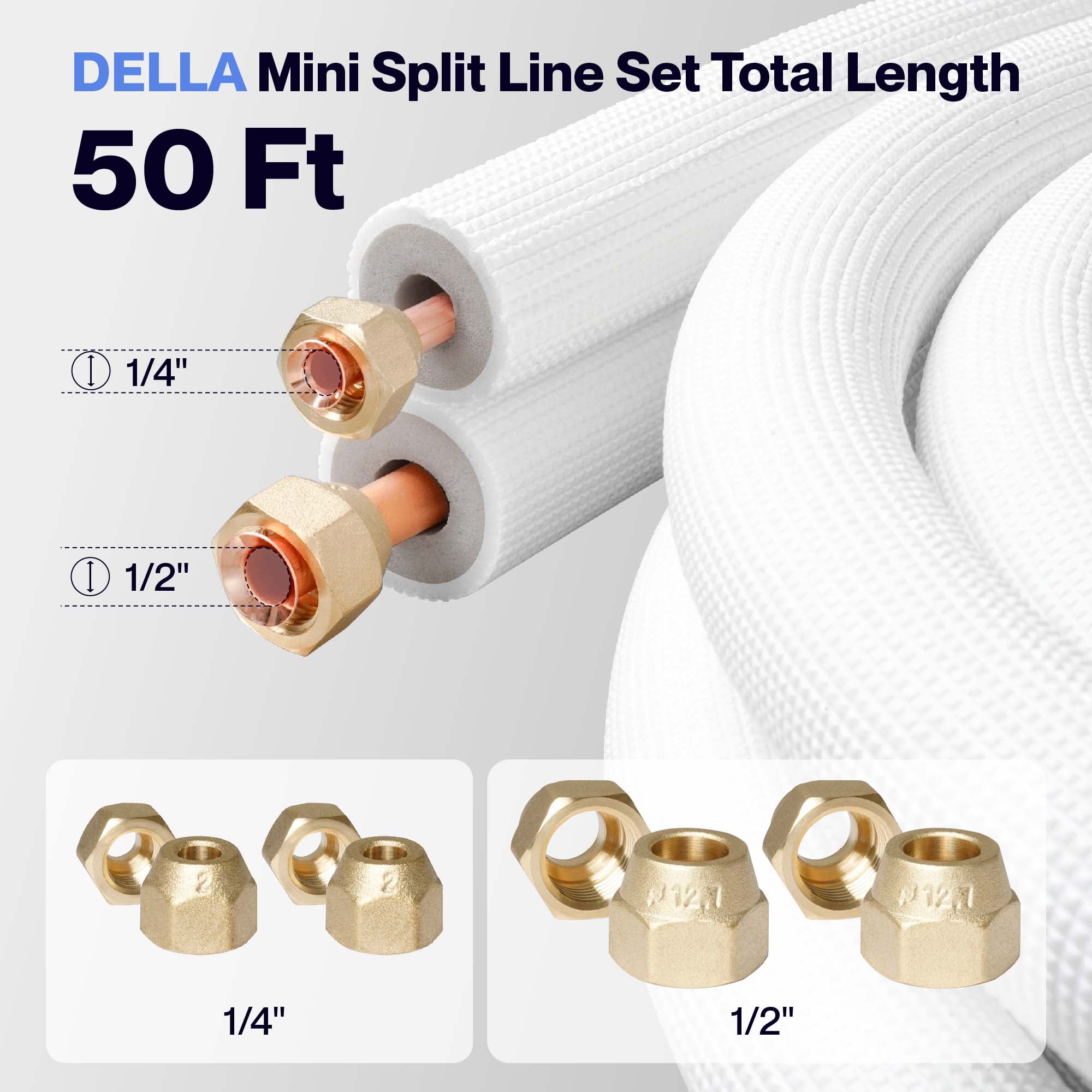 #Size_50FT Line Set 1/2" & 1/4"O.D. Copper Pipes Tubing