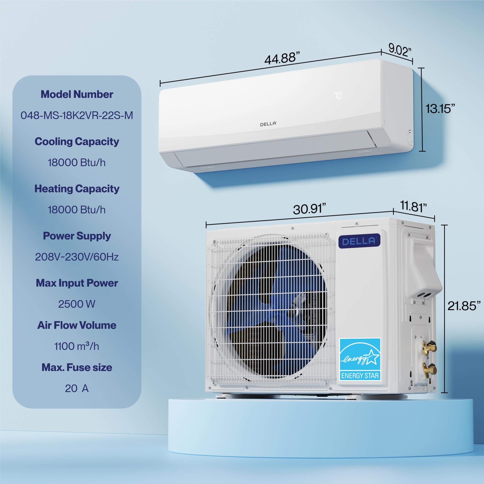 DELLA Serena Series 18000 BTU 22 SEER2 Mini-Split Heat Pump AC - Up to 1000 Sq.Ft.