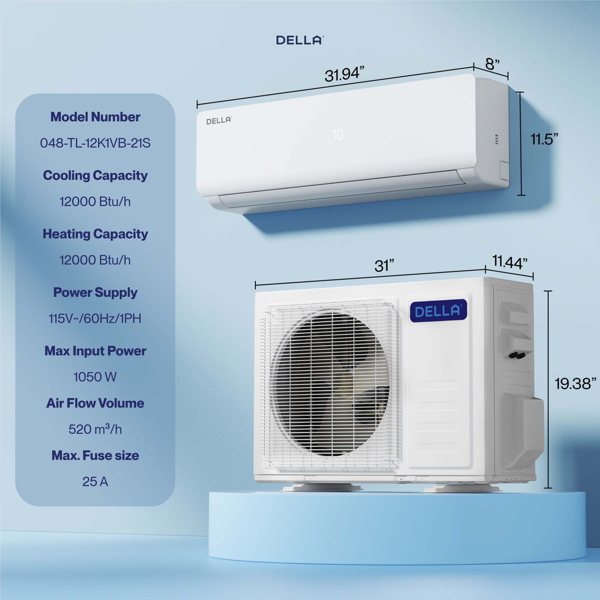 DELLA Vario Series 12000 BTU 21 SEER2 Mini Split Heat Pump AC - Up to 550 Sq.Ft.