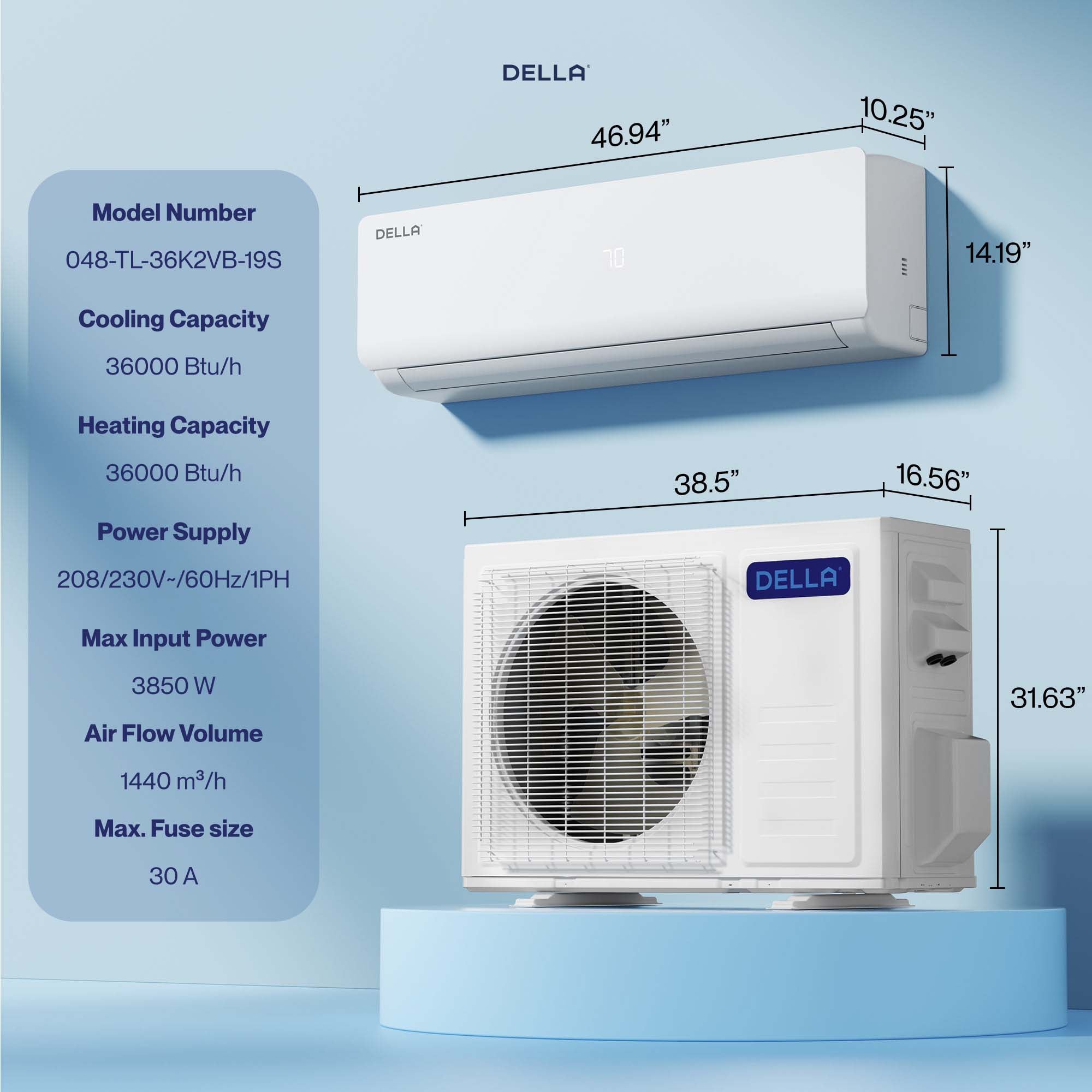 DELLA Vario Series 36000 BTU 19 SEER2 Mini Split Heat Pump AC (R-454B) - Up to 2500 Sq.Ft.
