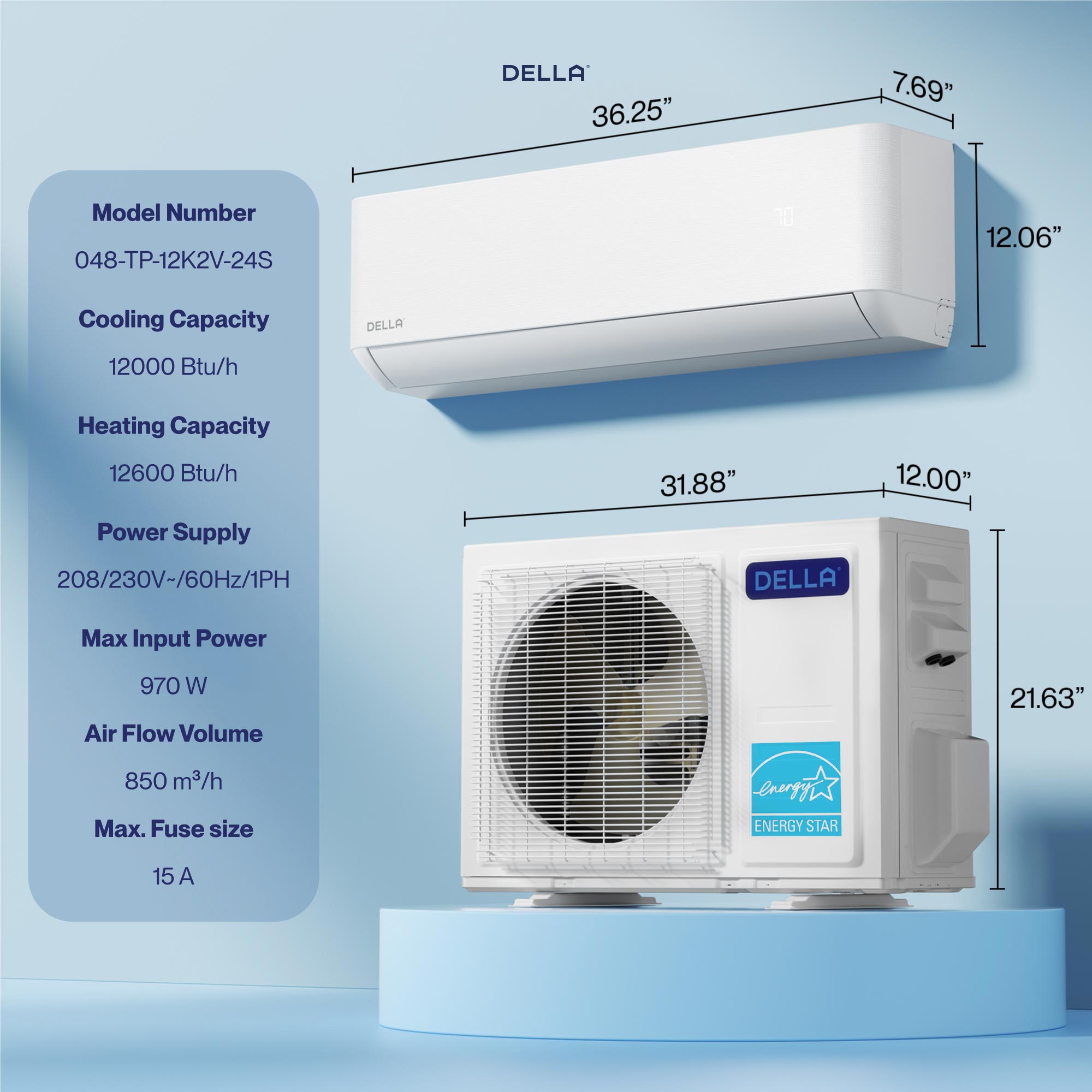 DELLA Serie Optima 12000 BTU 24 SEER2 Ultra Heat Mini Split AC - Hasta 550 pies cuadrados.
