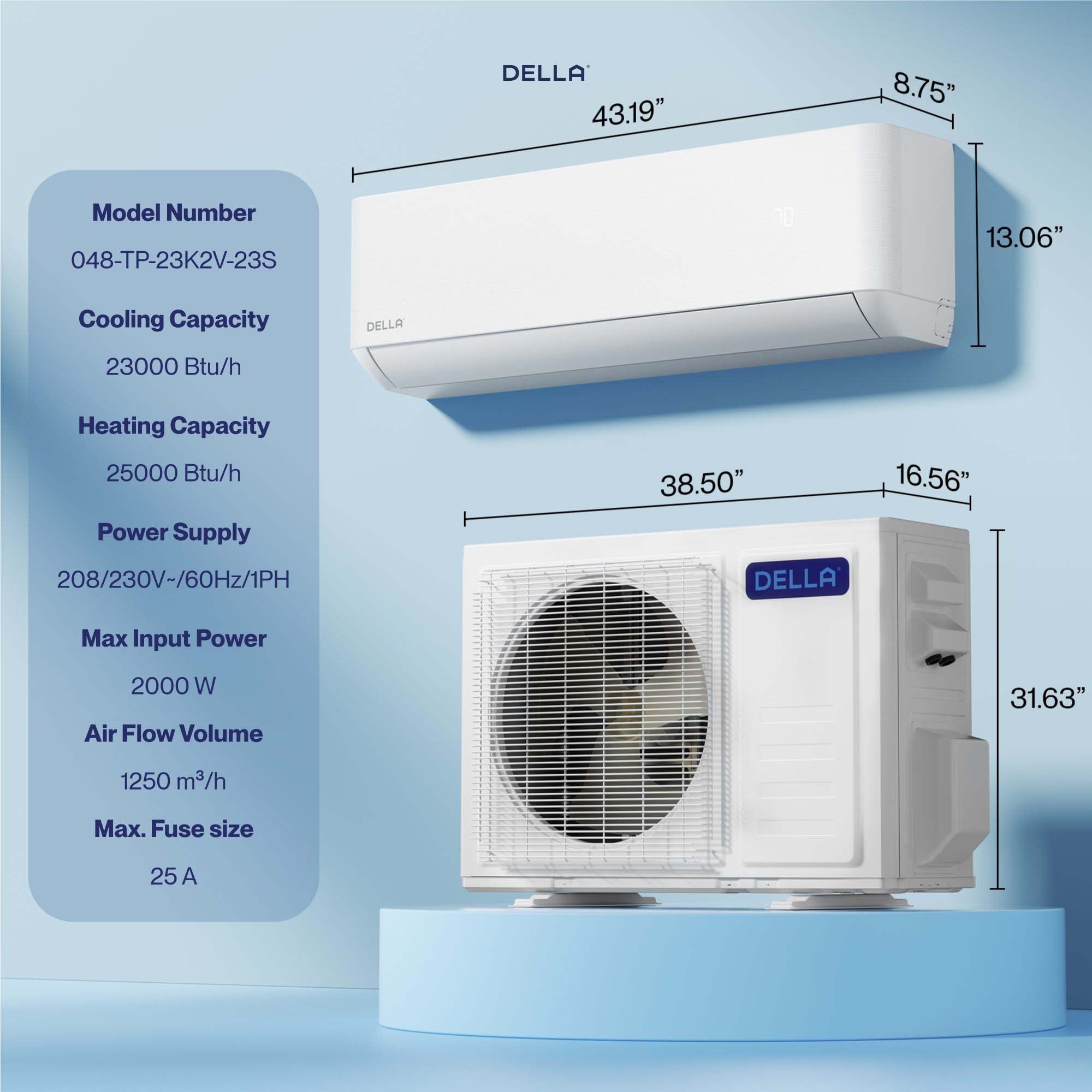 DELLA Optima Series 23000 BTU 23 SEER2 Ultra Heat Mini Split AC - Up to 1500 Sq.Ft.