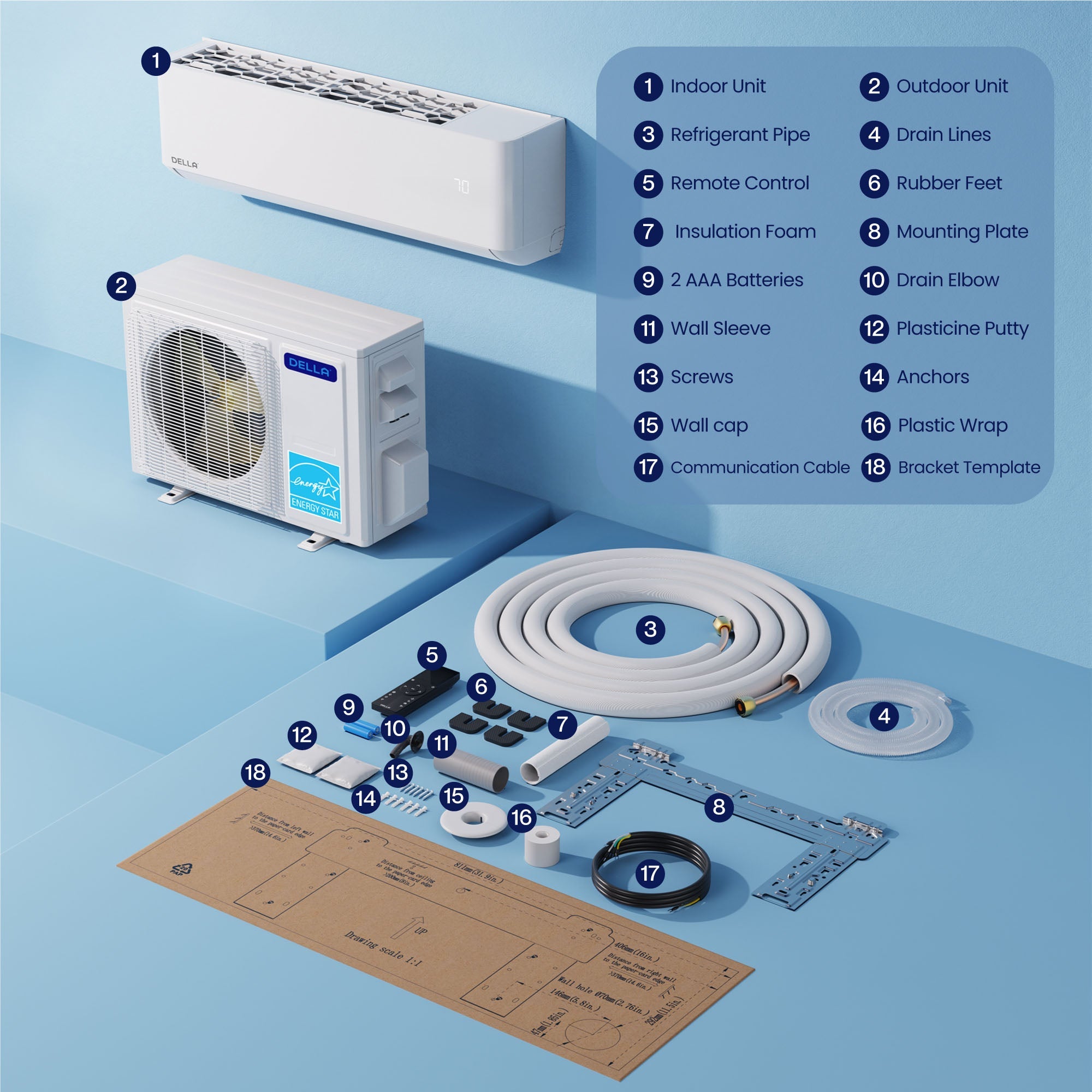 DELLA Optima Series 18000 BTU Dual Zone Mini Split AC (9K+9K) - Up to 800 Sq.Ft.