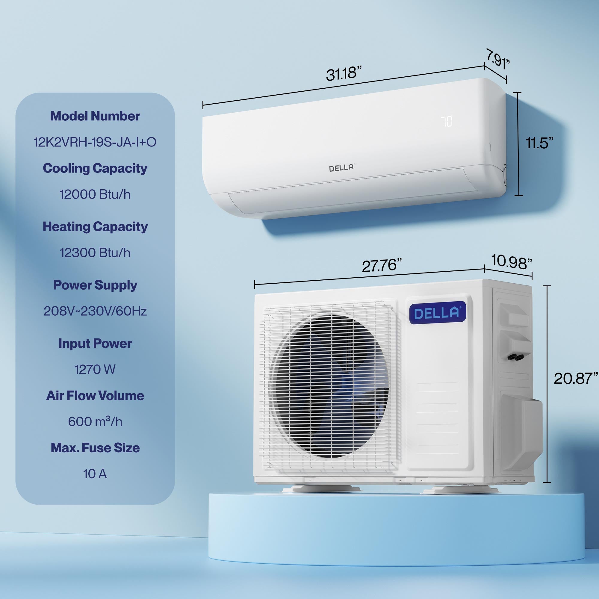 Aire acondicionado con bomba de calor mini split DELLA serie Motto, 12 000 BTU, 19 SEER2 – Hasta 51 m²