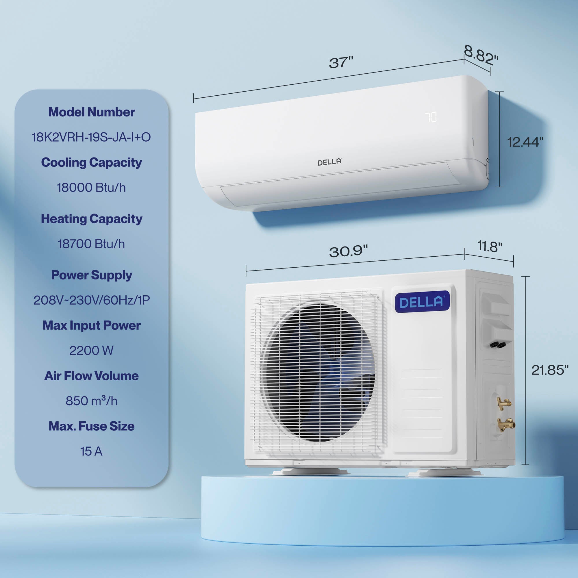 DELLA Motto Series 18000 BTU 19 SEER2 Mini Split Heat Pump AC – Up to 1000 Sq.Ft.