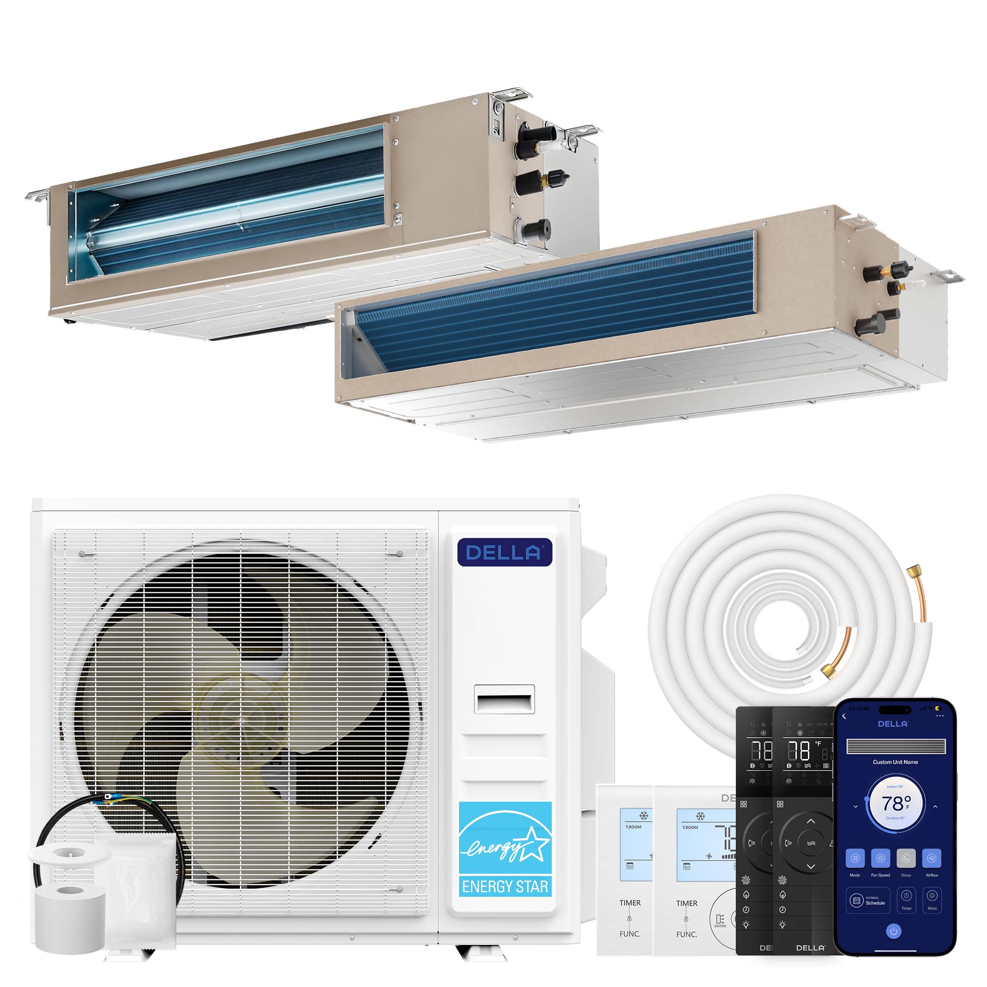 DELLA 41000 BTU Dual Zone Concealed Ducted Mini Split Heat Pump AC (17K + 22K)