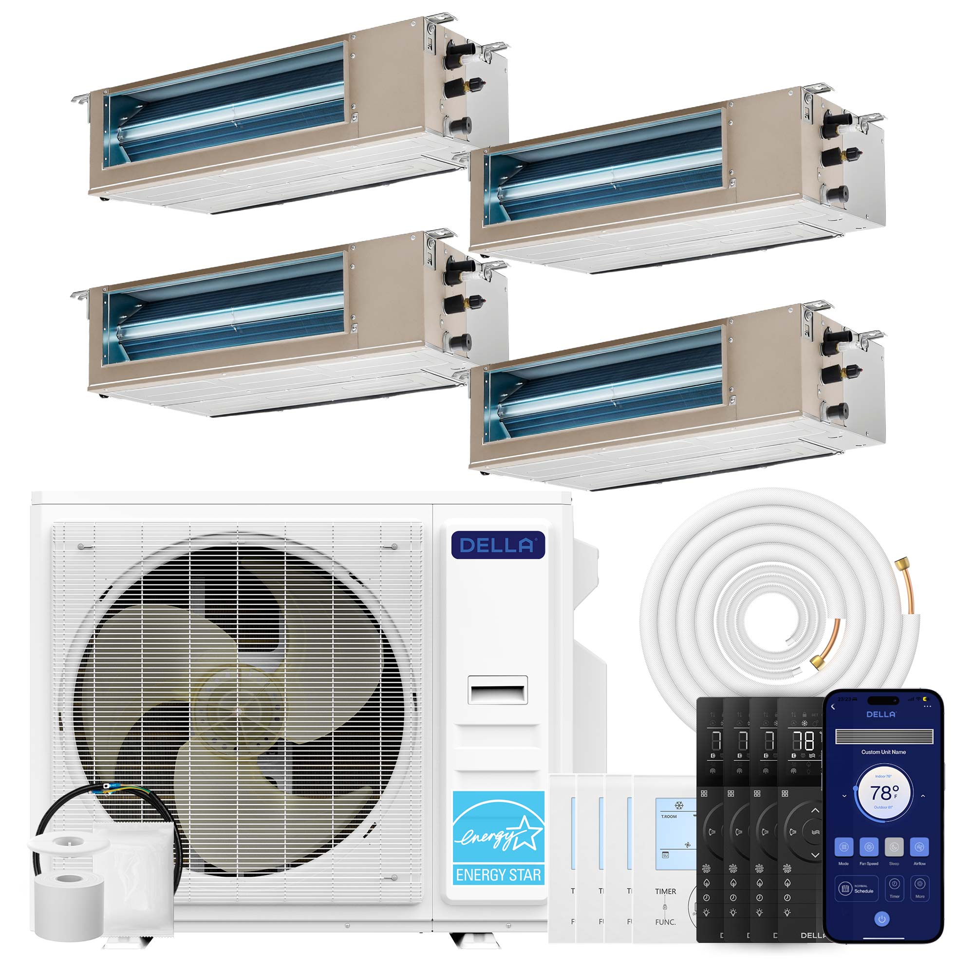 DELLA 34000 BTU Quad Zone Concealed Ducted Mini Split Heat Pump AC (9.5K + 9.5K + 9.5K + 9.5K)