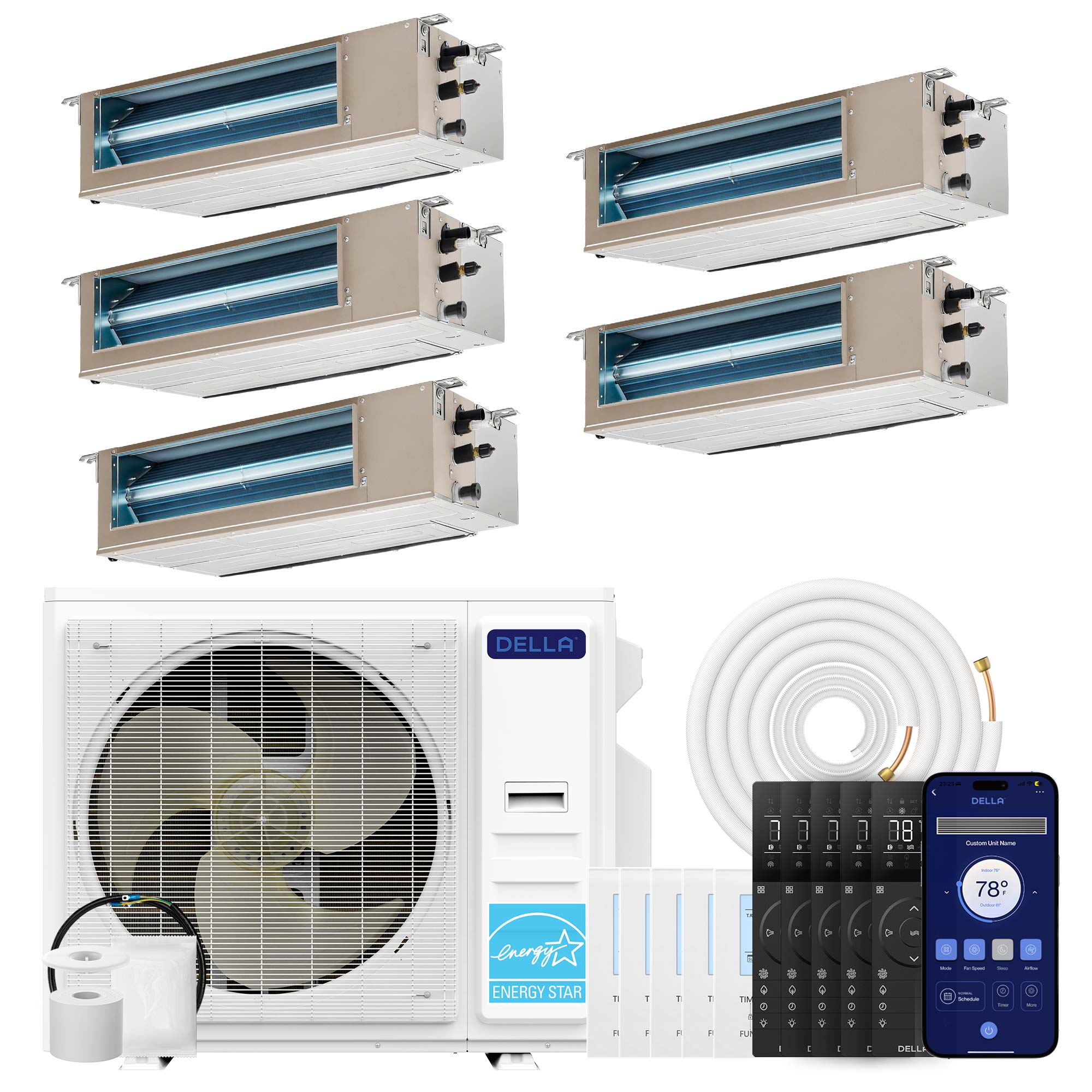 DELLA 41000 BTU Five Zone Concealed Ducted Mini Split Heat Pump AC (9.5K + 9.5K + 9.5K + 9.5K + 9.5K)