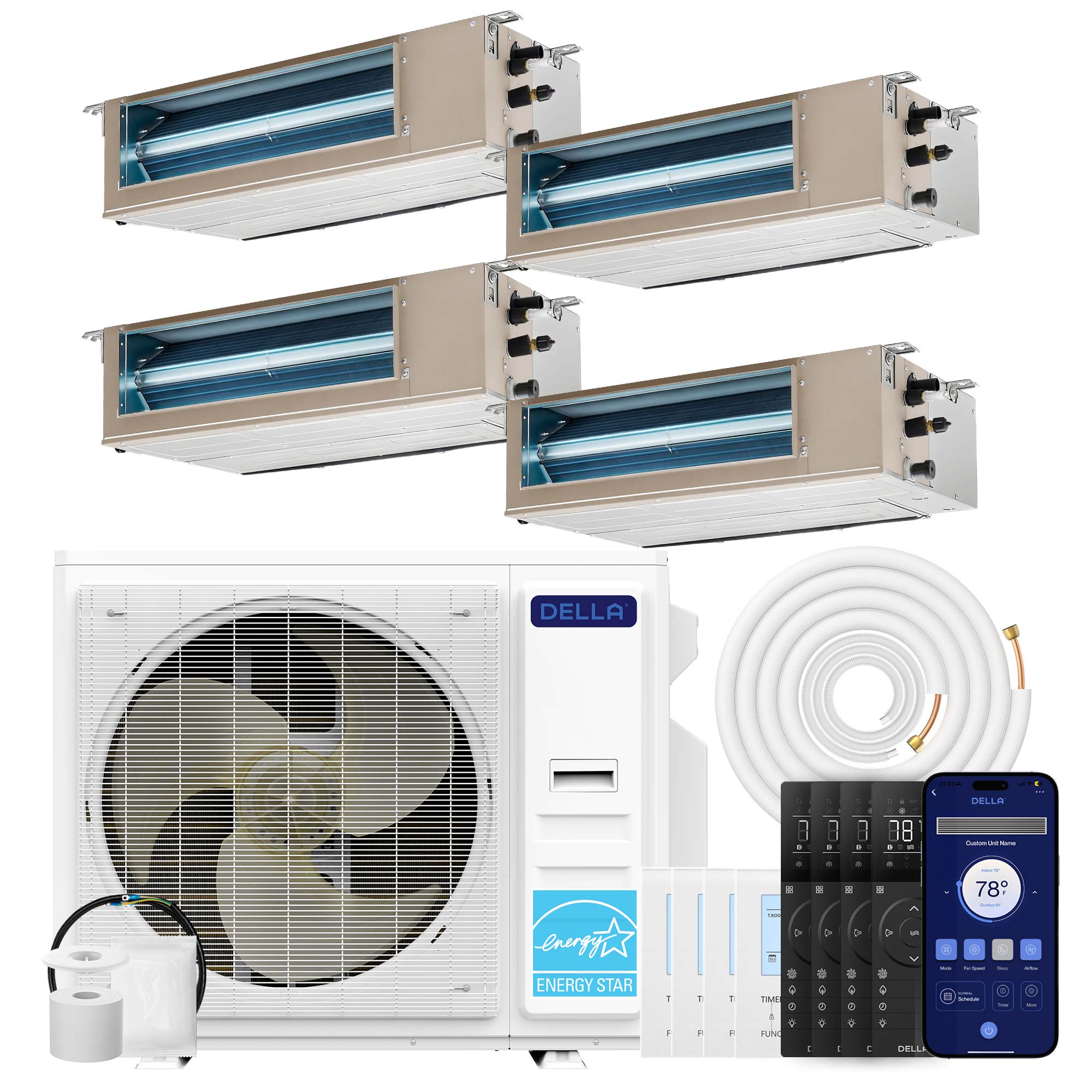 DELLA 41000 BTU Quad Zone Concealed Ducted Mini Split Heat Pump AC (9.5K + 9.5K + 11K + 11K)