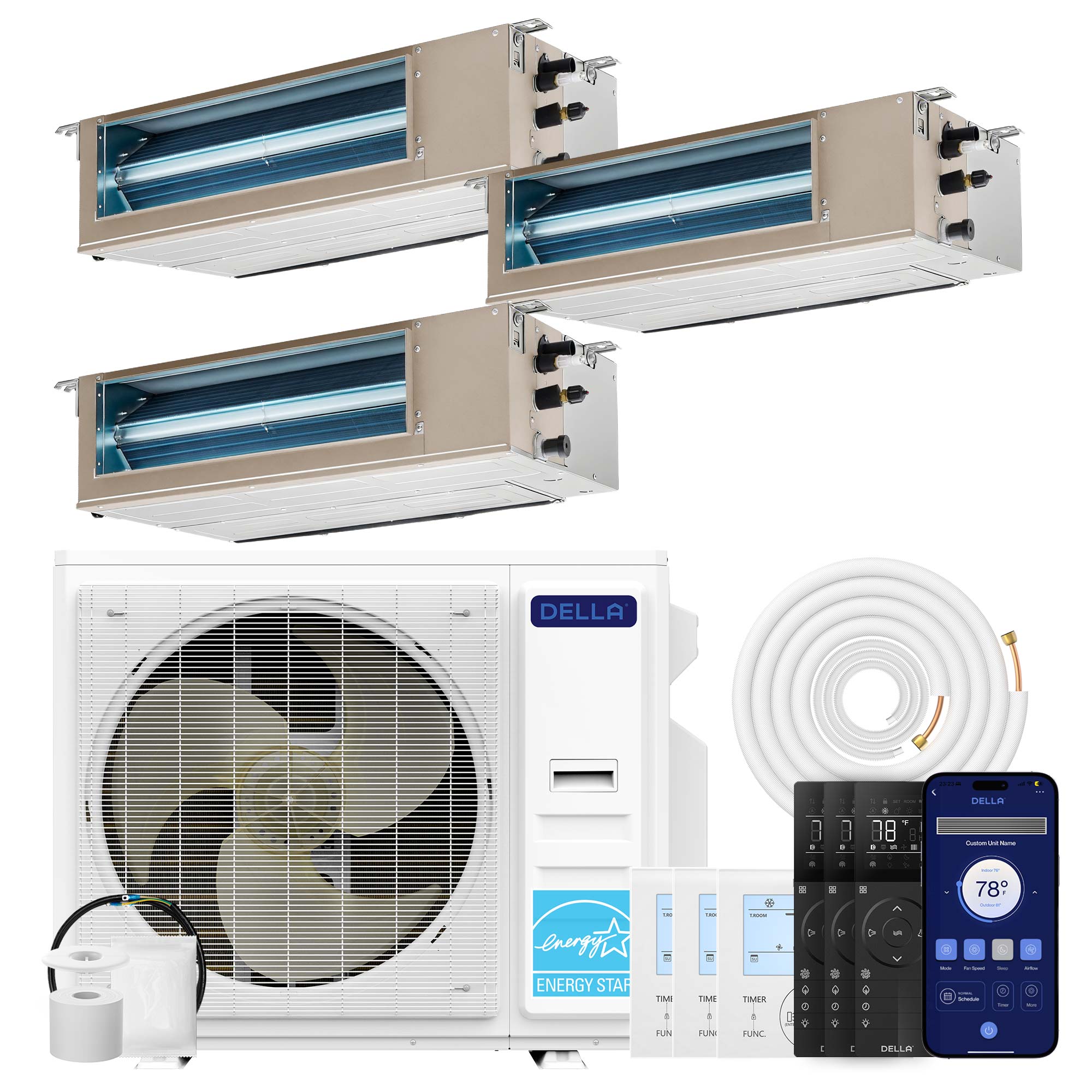 DELLA 41000 BTU Tri-Zone Concealed Ducted Mini Split Heat Pump AC (9.5K + 11K + 17K)