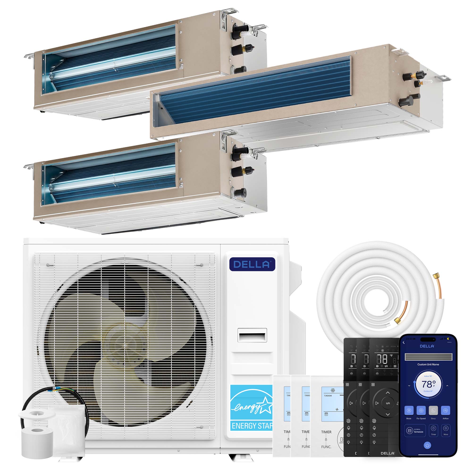 DELLA 41000 BTU Tri-Zone Concealed Ducted Mini Split Heat Pump AC (9.5K + 9.5K + 22K)