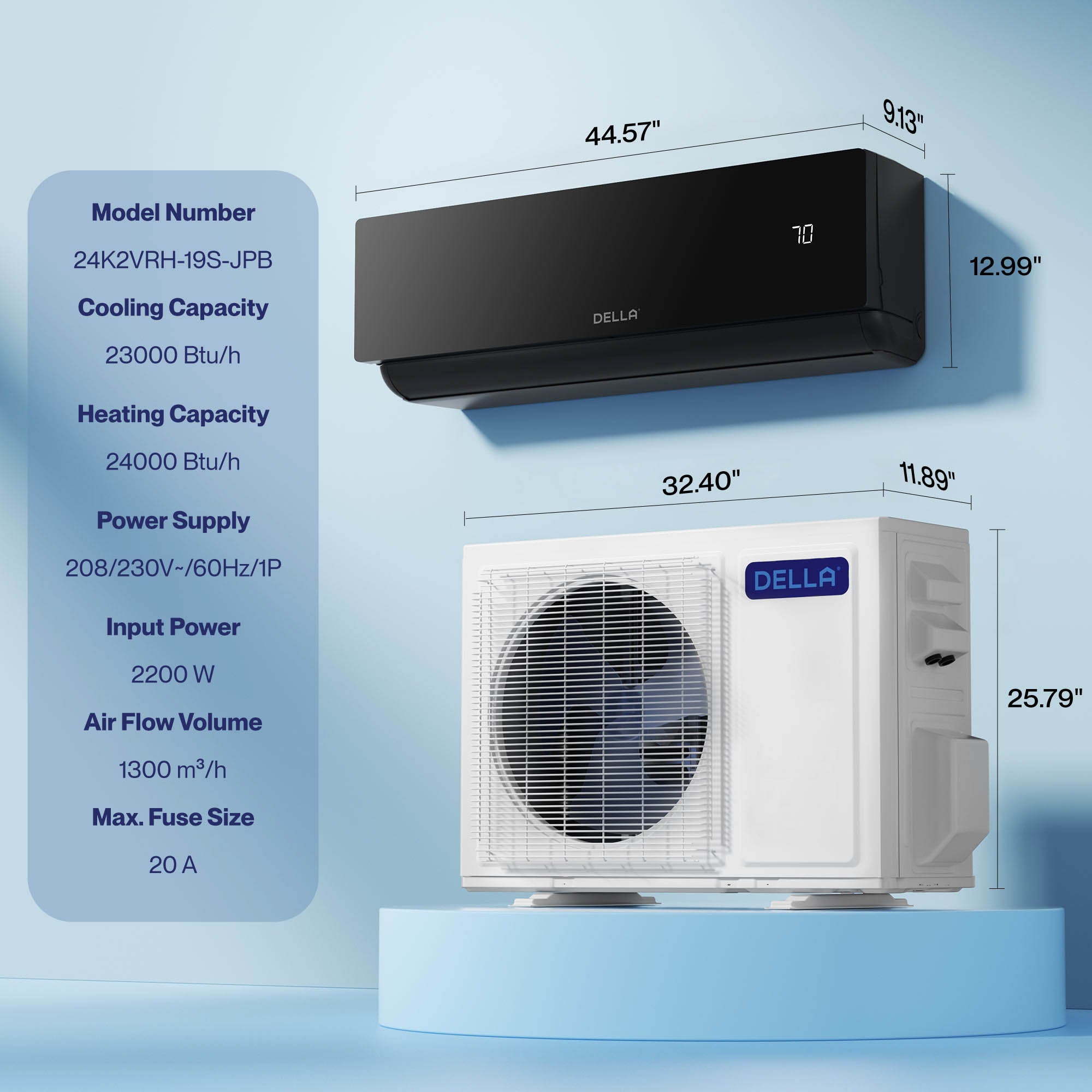 DELLA Umbra Series 23000 BTU 19 SEER2 Mini Split Heat Pump AC - Up to 1500 Sq.Ft.