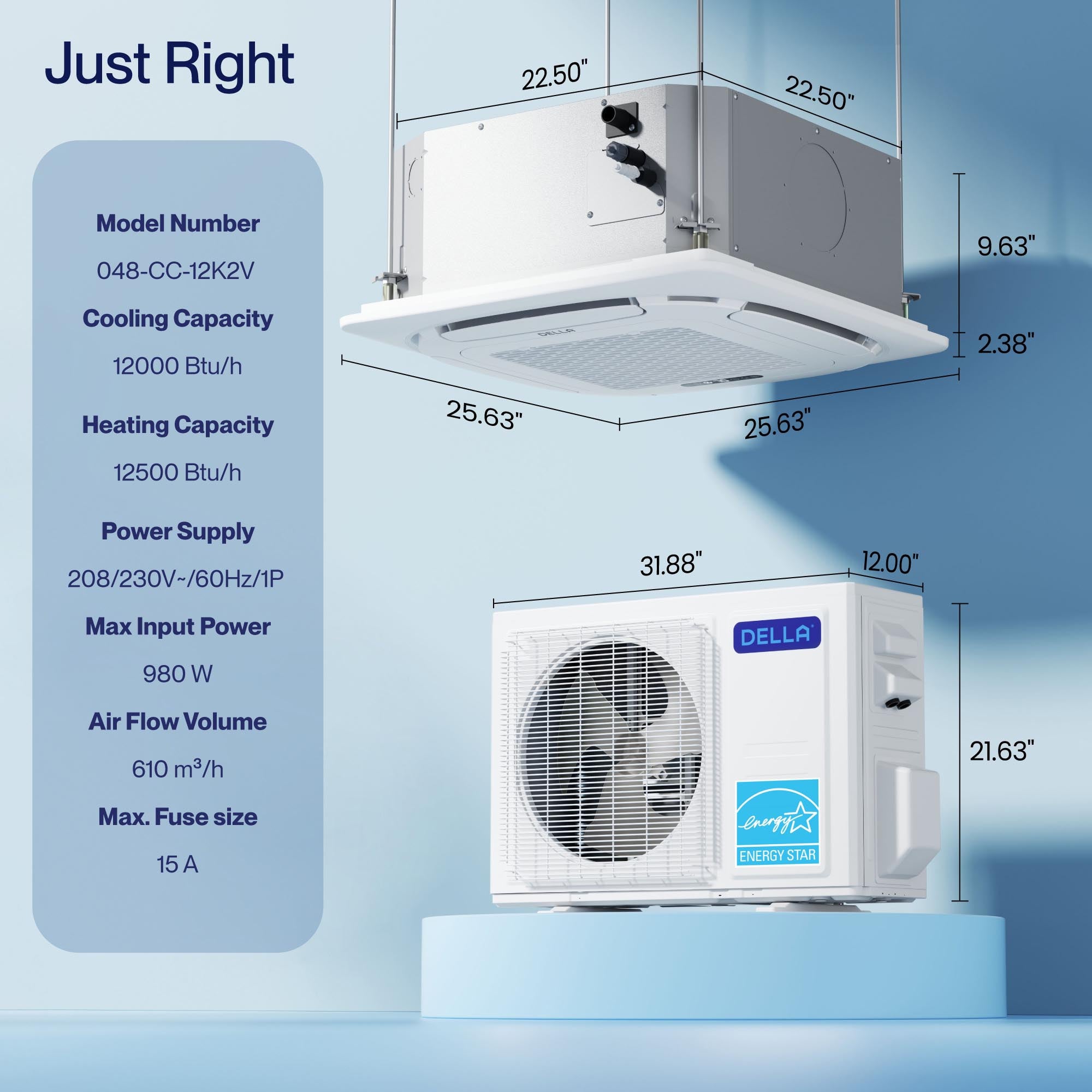DELLA 12,000 BTU 22 SEER2 Ceiling Cassette Ductless Mini Split AC - Up to 550 Sq.Ft.