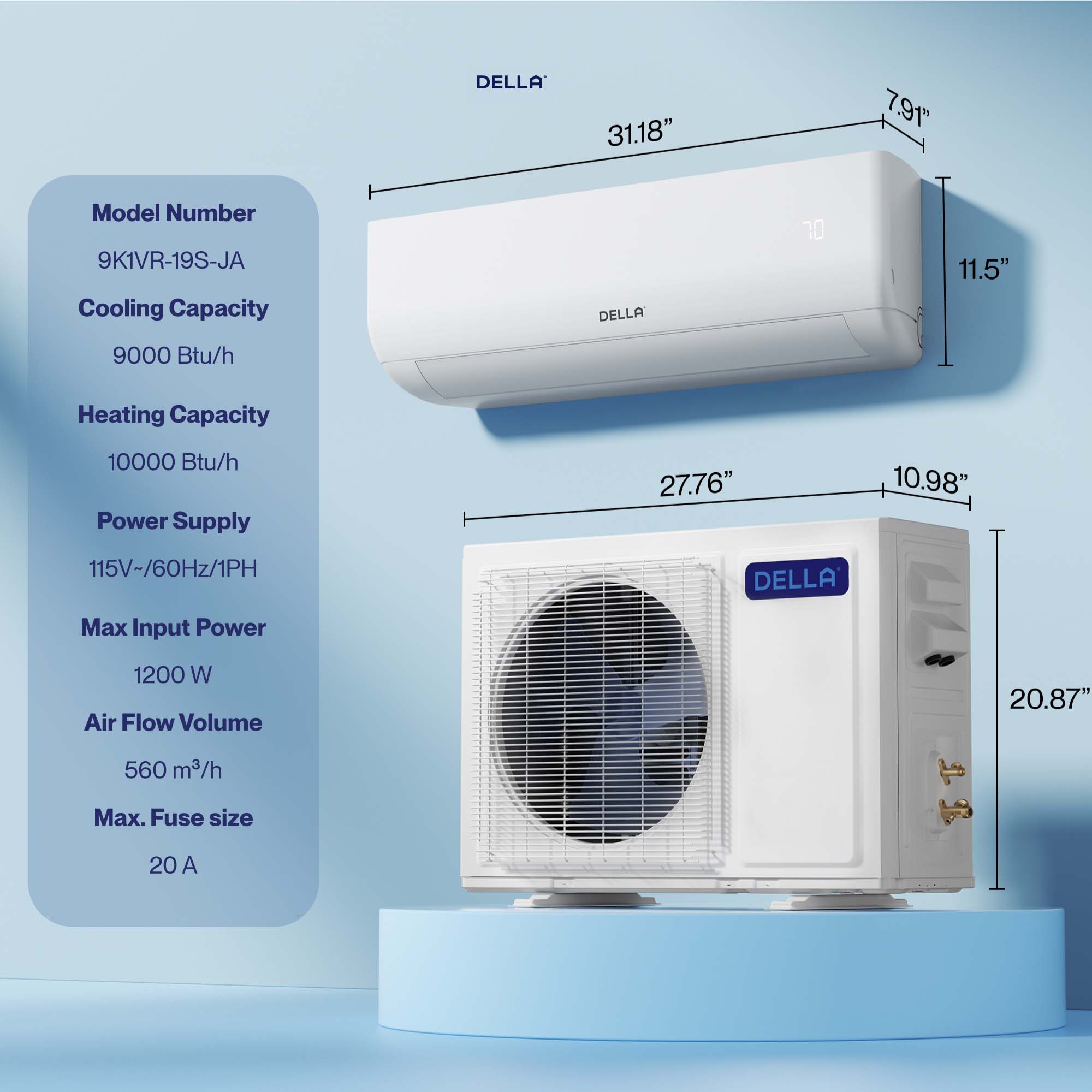DELLA Motto Series 9000 BTU 19 SEER2 Mini Split Heat Pump AC - Up to 400 Sq.Ft.