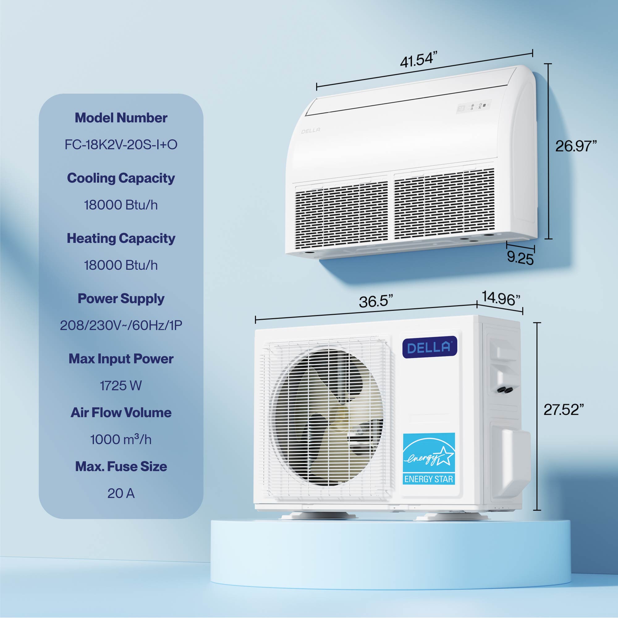 DELLA 18000 BTU 20.5 SEER2 Floor Ceiling Mini Split AC - Up to 1000 Sq. Ft.