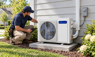 Technician cleans DELLA mini split condenser safely