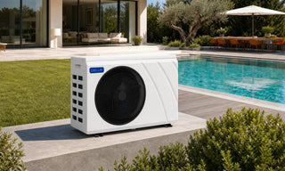 DELLA pool heat pump beside a backyard swimming pool