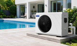 DELLA pool heat pump beside backyard pool 