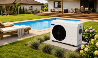 Della pool heat pump beside sunny backyard pool