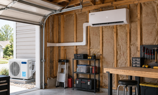 Mini split installed in an unfinished garage