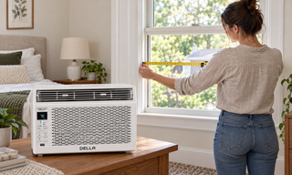 Homeowner measures window for DELLA window AC