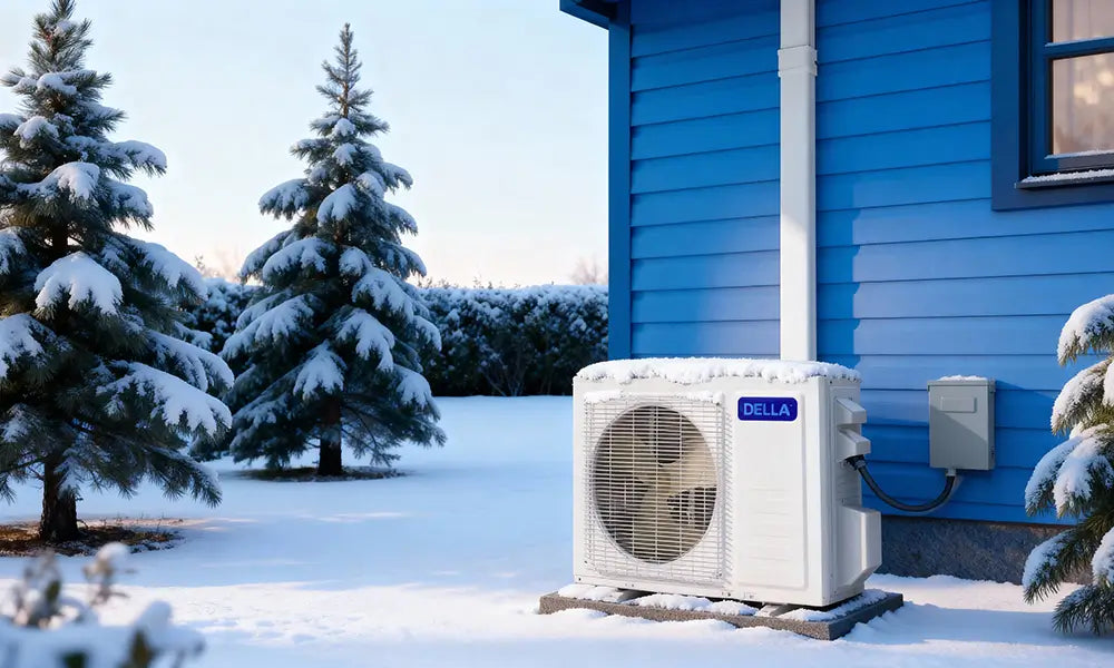 mini split outdoor unit installed beside home in snowy conditions