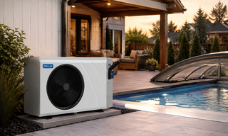 DELLA pool heat pump beside a covered swimming pool
