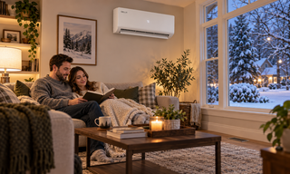 DELLA mini split heating a winter living room