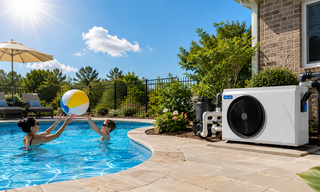 DELLA pool heat pump near sunny swimming pool