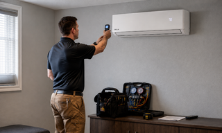 HVAC technician checking a DELLA mini split system indoors