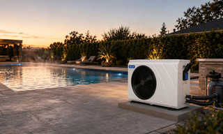 DELLA pool heat pump warming a residential pool at sunset 