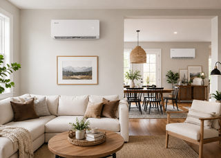 Della mini split units in an open-plan living and dining area