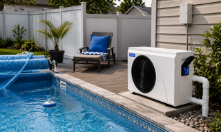 DELLA pool heat pump near swimming pool