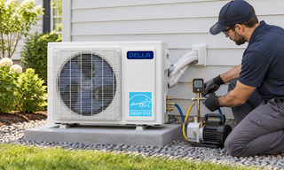 Technician checks DELLA mini split outdoor unit