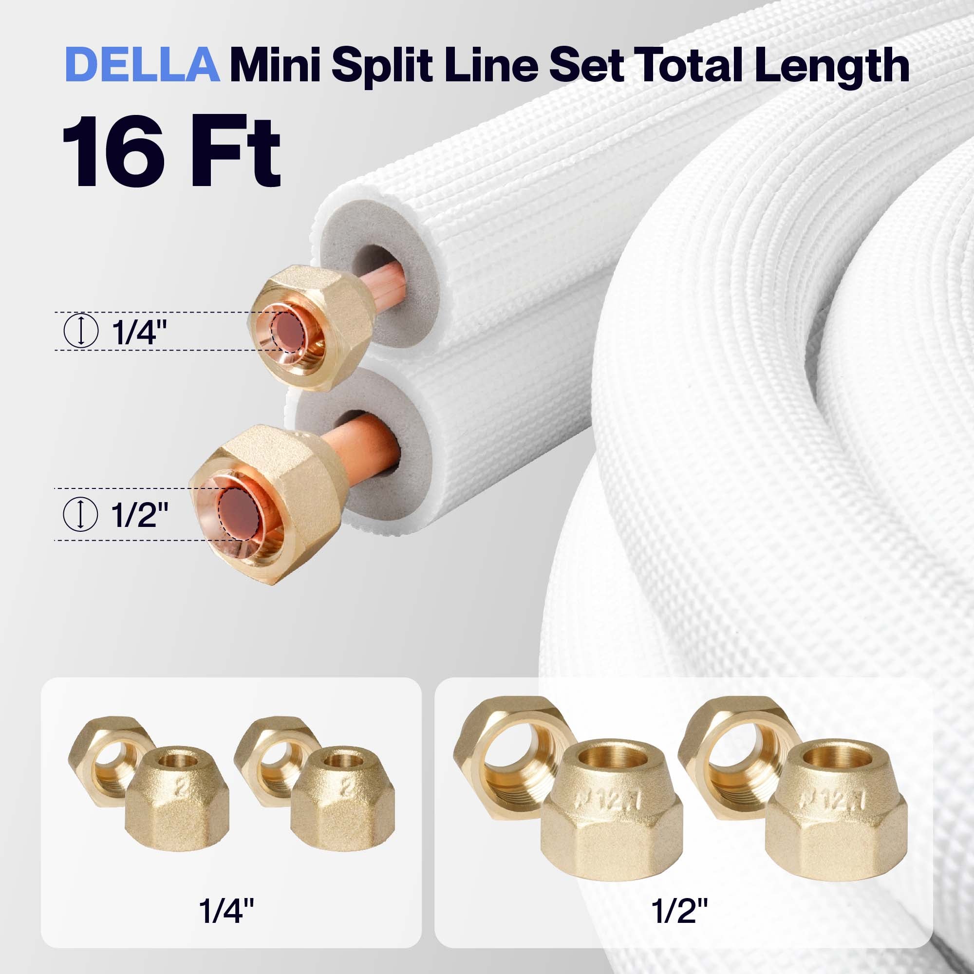 #Size_16FT Line Set 1/2" & 1/4"O.D. Copper Pipes Tubing