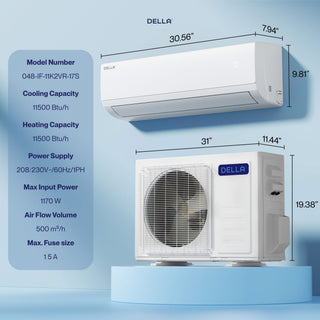 DELLA Econo Series 11500 BTU 17 SEER2 Mini Split Heat Pump AC - Up to 550 Sq.Ft.