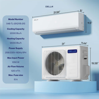 DELLA Vario Series 12000 BTU 23 SEER2 Mini Split Heat Pump AC - Up to 550 Sq.Ft.
