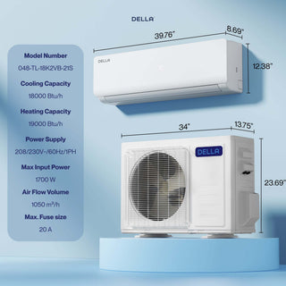 DELLA Vario Series 18000 BTU 21 SEER2 Mini Split Heat Pump AC - Up to 1000 Sq.Ft.