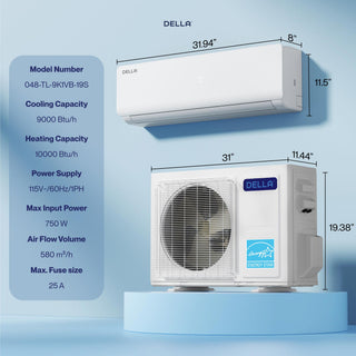DELLA Vario Series 9000 BTU 19 SEER2 Mini Split Heat Pump AC (R-454B) - Up to 400 Sq.Ft.