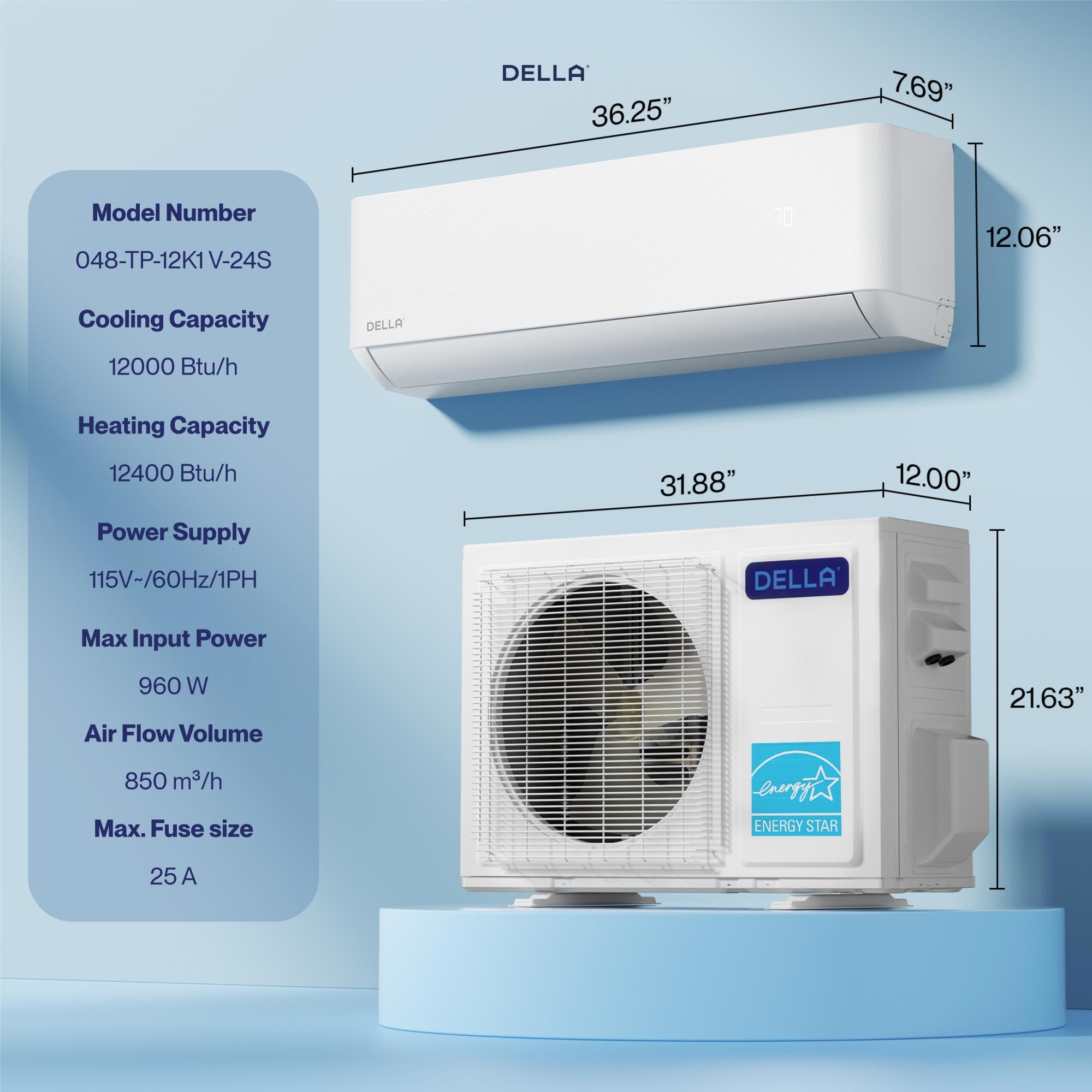 DELLA Optima Series 12000 BTU 23 SEER2 Ultra Heat Mini Split AC  (R-454B)  - Up to 550 Sq.Ft.