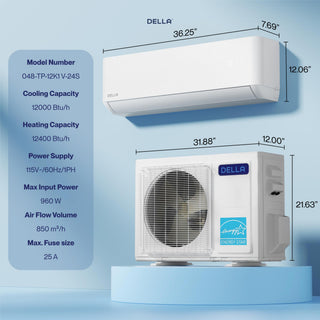 DELLA Optima Series 12000 BTU 23 SEER2 Ultra Heat Mini Split AC  (R-454B)  - Up to 550 Sq.Ft.