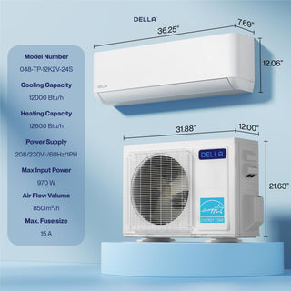 DELLA Optima Series 12000 BTU 24 SEER2 Ultra Heat Mini Split AC  - Up to 550 Sq.Ft.