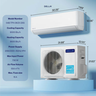 DELLA Optima Pro Series 9000 BTU 25 SEER2 Ultra Hyper Heat Mini-Split AC - Up to 400 Sq.Ft.
