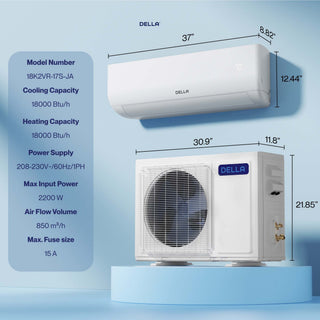 DELLA Motto Series 18000 BTU 19 SEER2 Mini Split Heat Pump AC - Up to 1000 Sq.Ft.