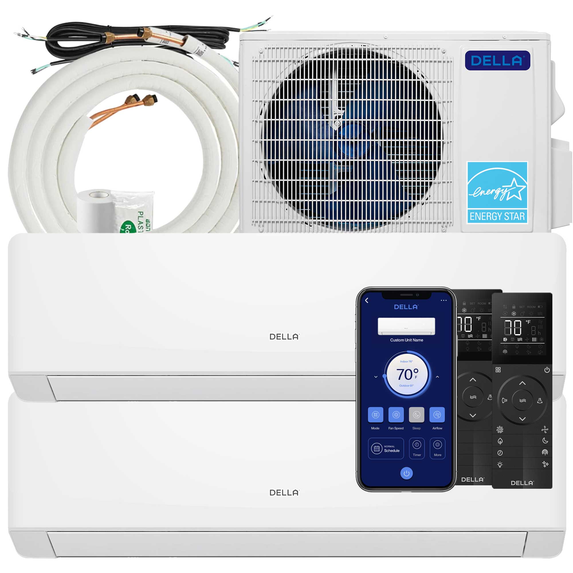 DELLA Serena Series 18000 BTU Dual Zone Mini Split AC (7K + 7K) - Up to 600 Sq.Ft.