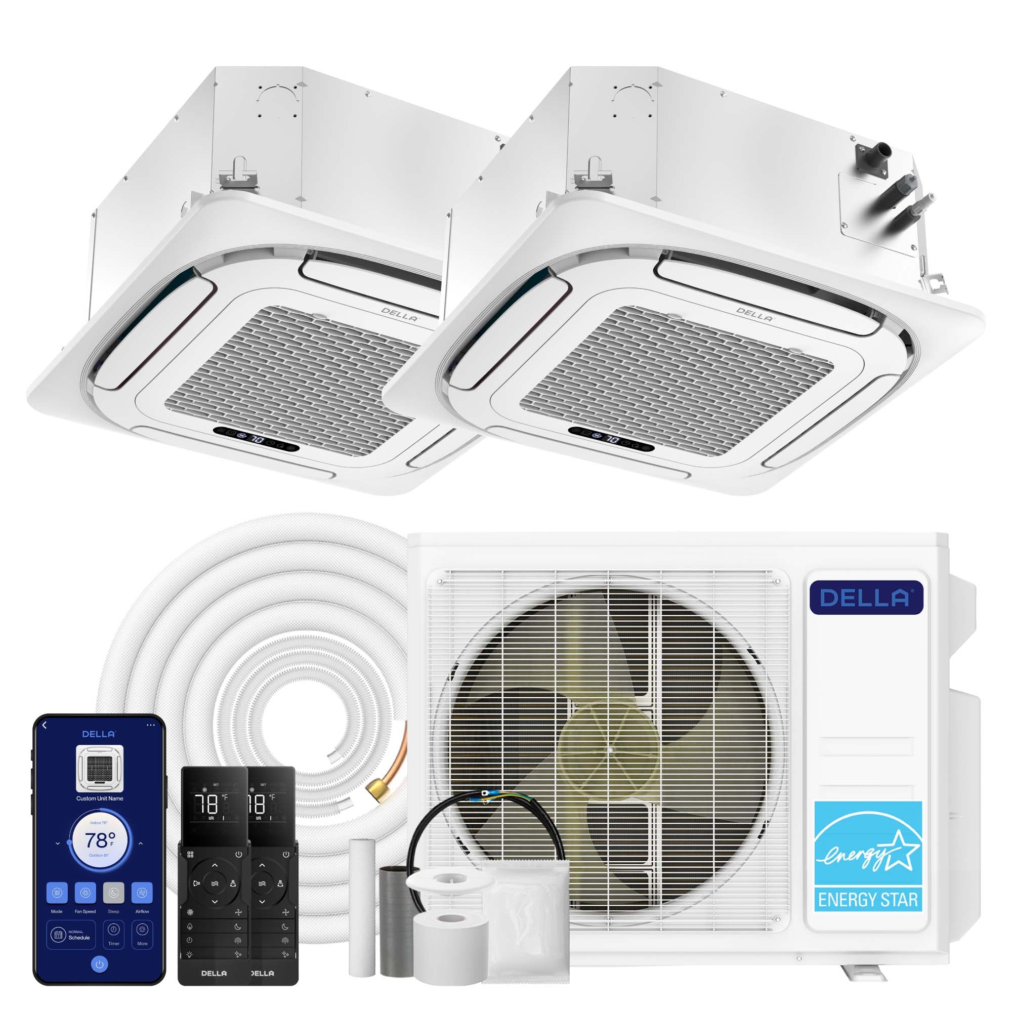 DELLA 18000 BTU Dual Zone Ceiling Cassette Mini Split AC (12K + 12K) - Up to 1100 Sq.Ft.