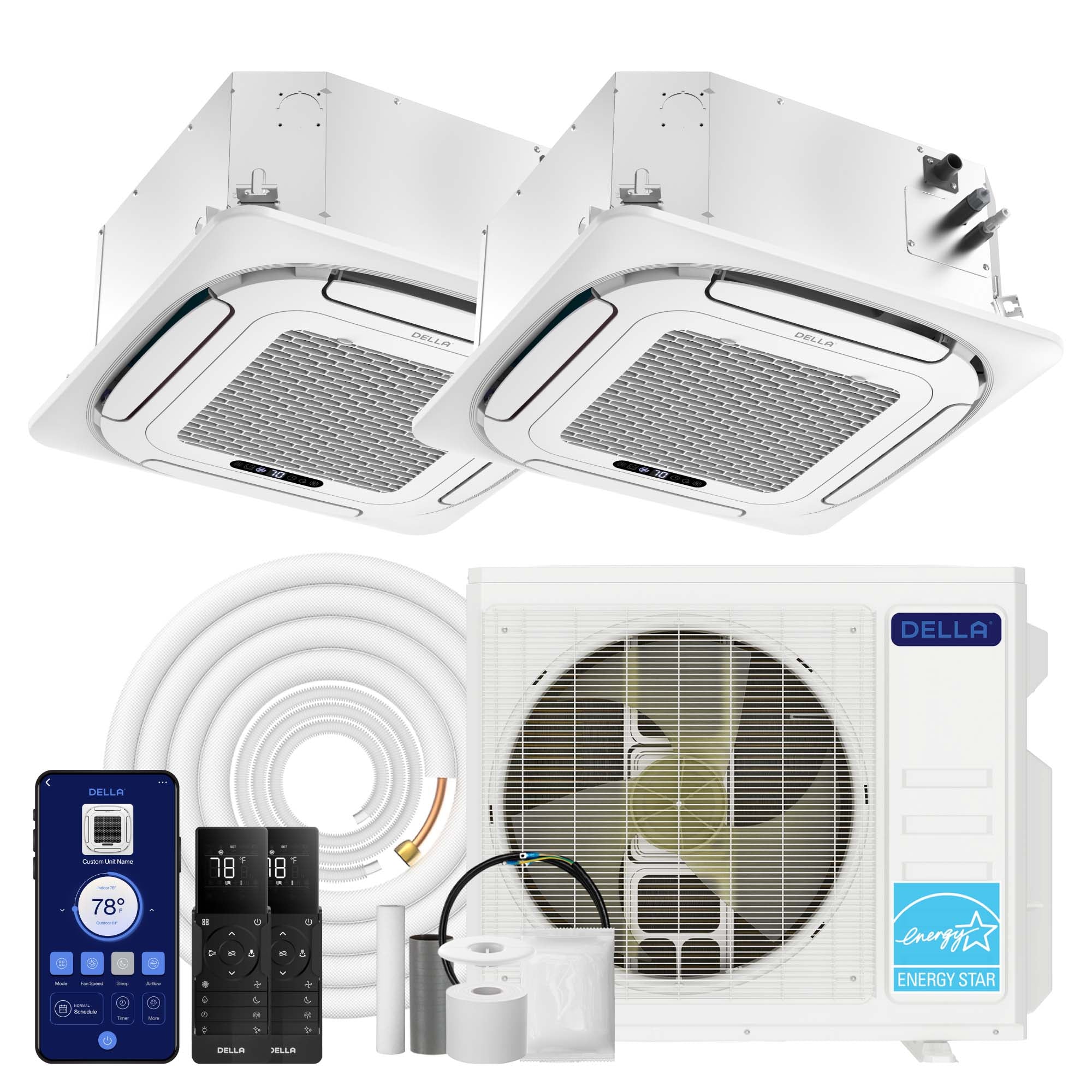 DELLA 27000 BTU Dual Zone Ceiling Cassette Mini Split AC (12K + 18K) - Up to 1550 Sq.Ft.
