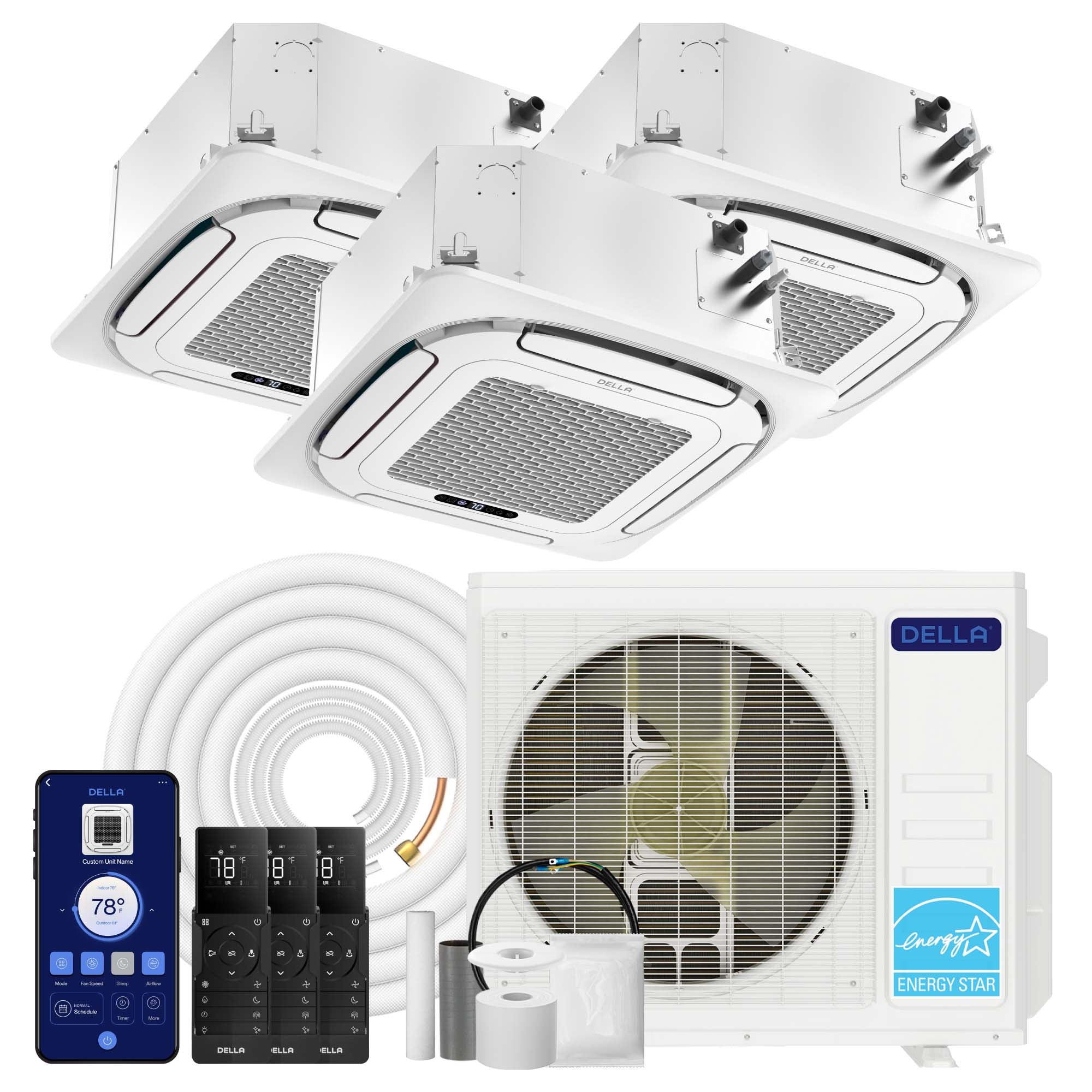 DELLA 27000 BTU Tri-Zone Ceiling Cassette Mini Split AC (9K+9K+9K) - Up to 1200 Sq.Ft.