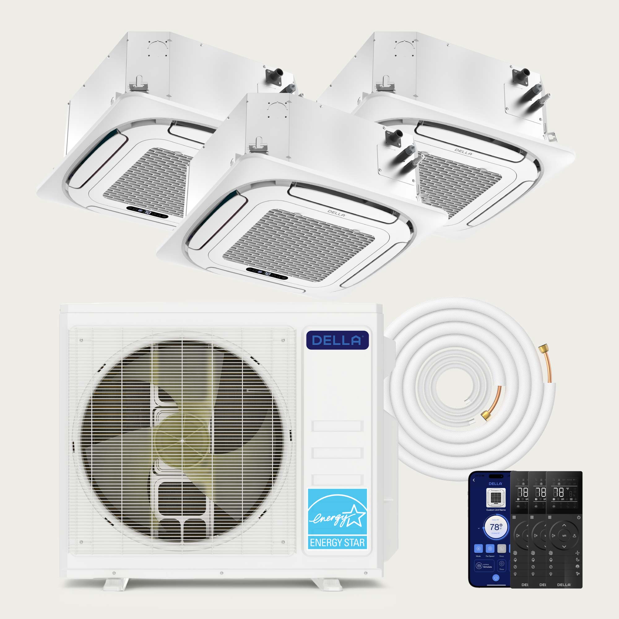 DELLA 27000 BTU Tri-Zone Ceiling Cassette Mini Split AC (9K+9K+9K) - Up to 1200 Sq.Ft.