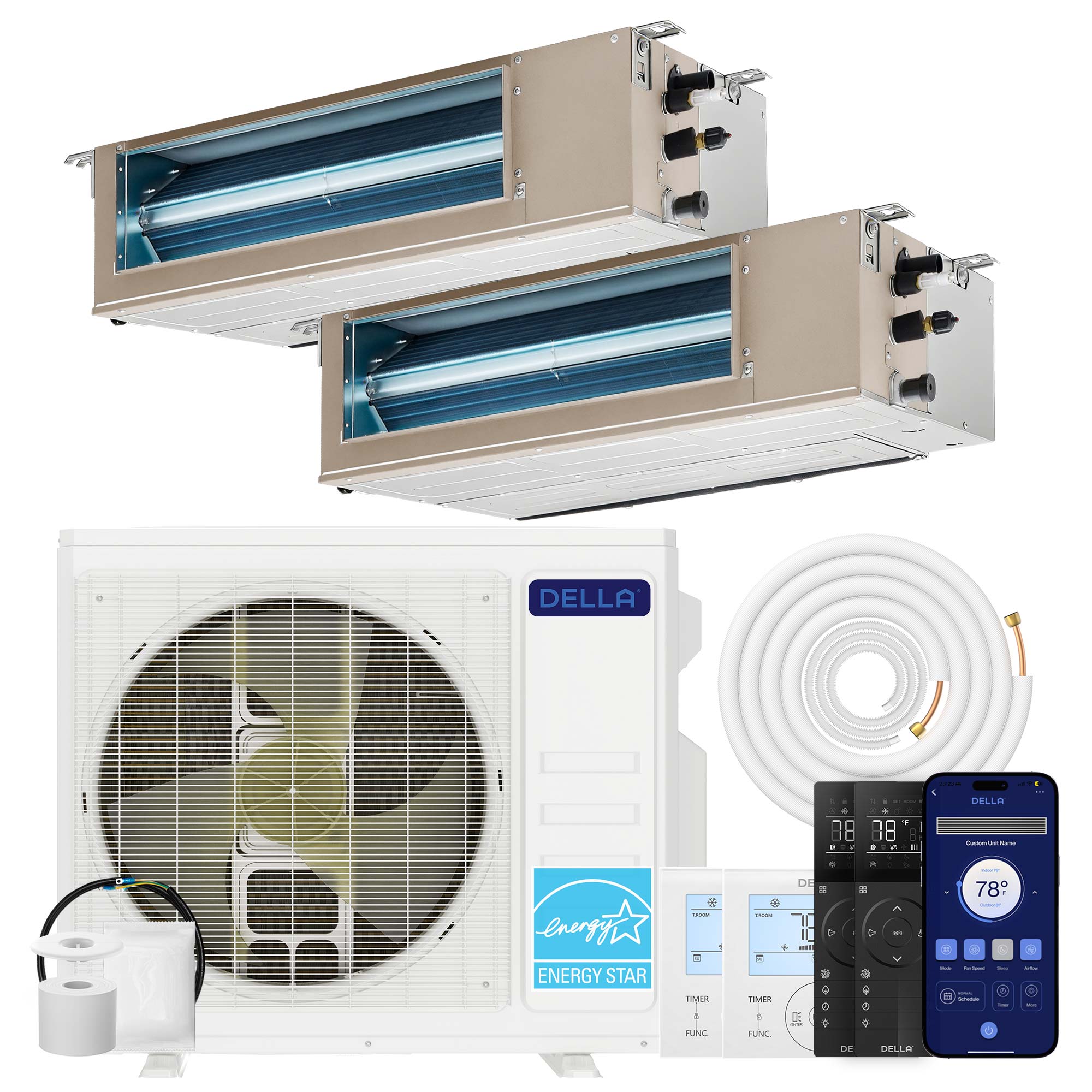 DELLA 27000 BTU Dual Zone Concealed Ducted Mini Split Heat Pump AC (9.5K + 17K)